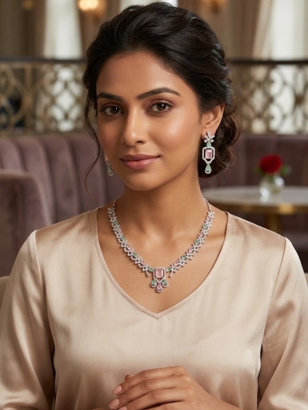 Elegant Pastel Gemstone & Faux Diamond Necklace Set, Traditional Indian Ethnic J